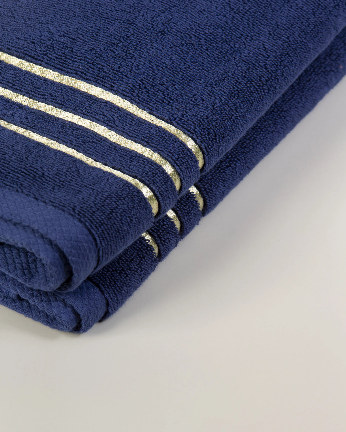 Navy Blue Chateau Turkish cotton hand towel, close-up of the gold dobby border and soft terry pile 