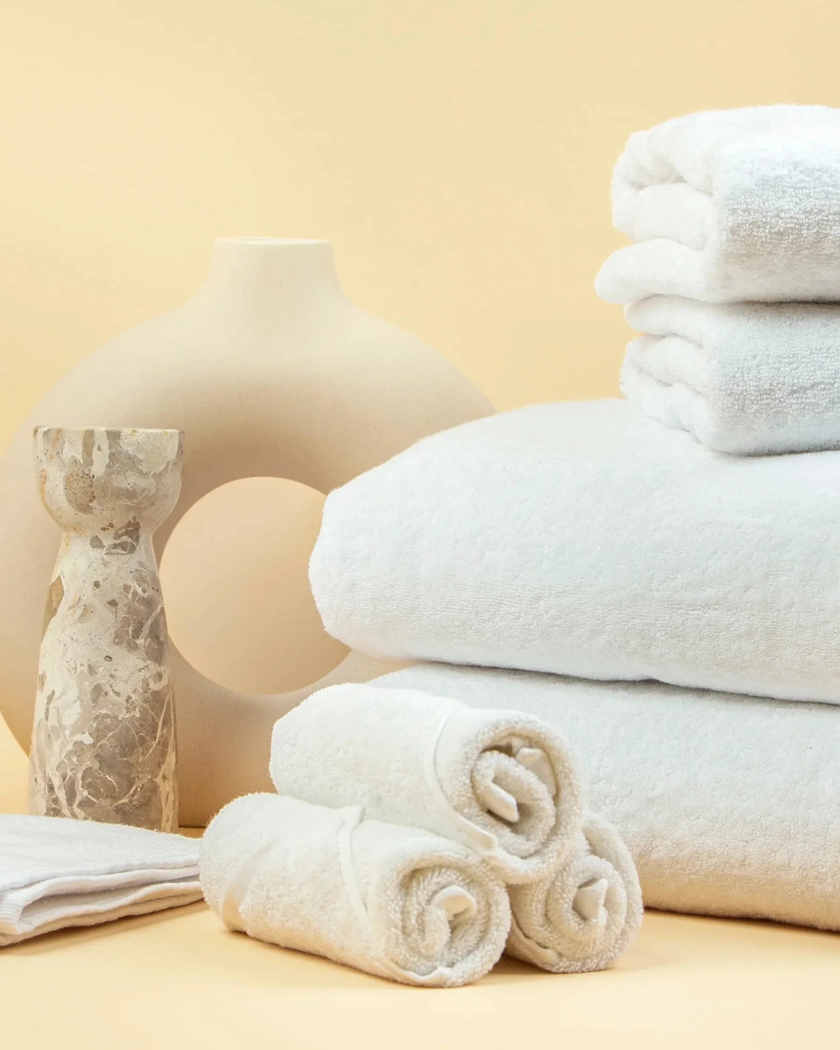 Retreat Complete Set: nine pieces of white cotton bath linen — bath towels, hand towels, face towels and bath mat